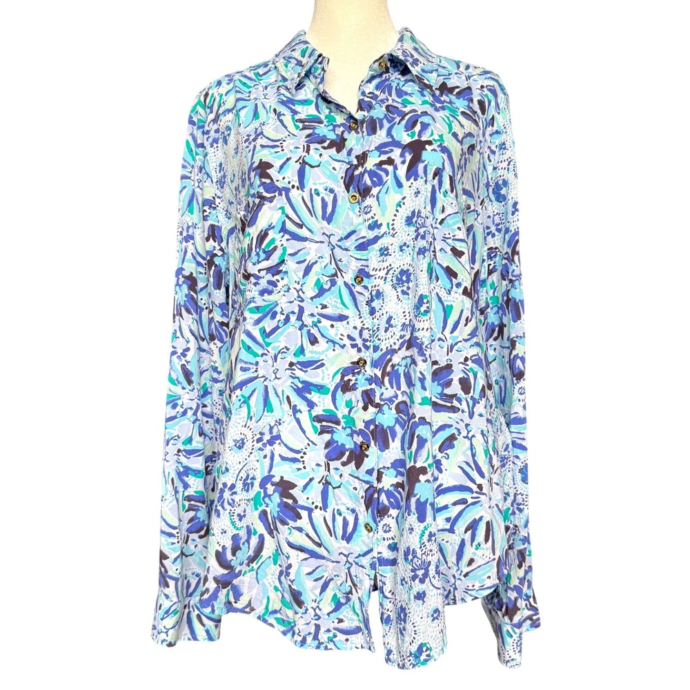Lilly Pulitzer Floral Button Down Sz L Blue Green Resort Wear Vacation Coastal - Picture 2 of 16
